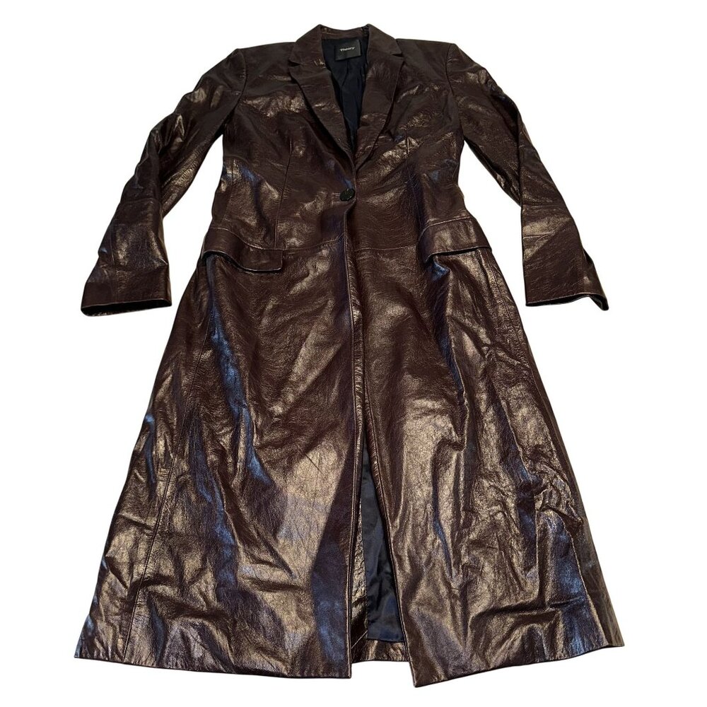 Theory Brown Varnished Lamb Leather Longline Coat Women's 4